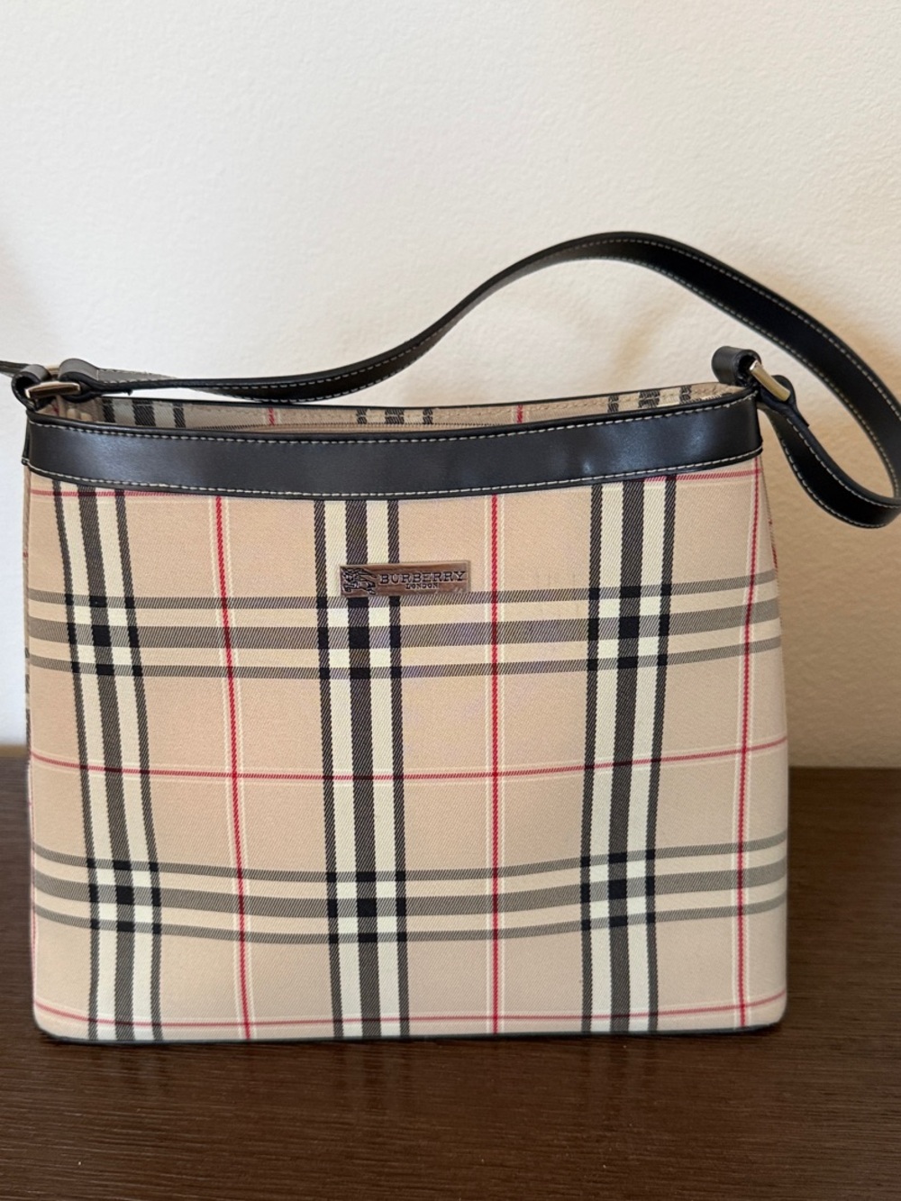 Burberry-like Plaid Shoulder Bag with Black Trim